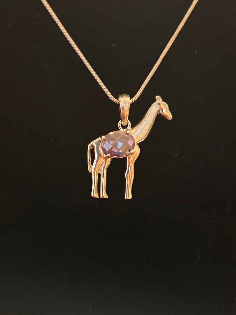 Silver Tone Giraffe Pendant Necklace with Purple Stone